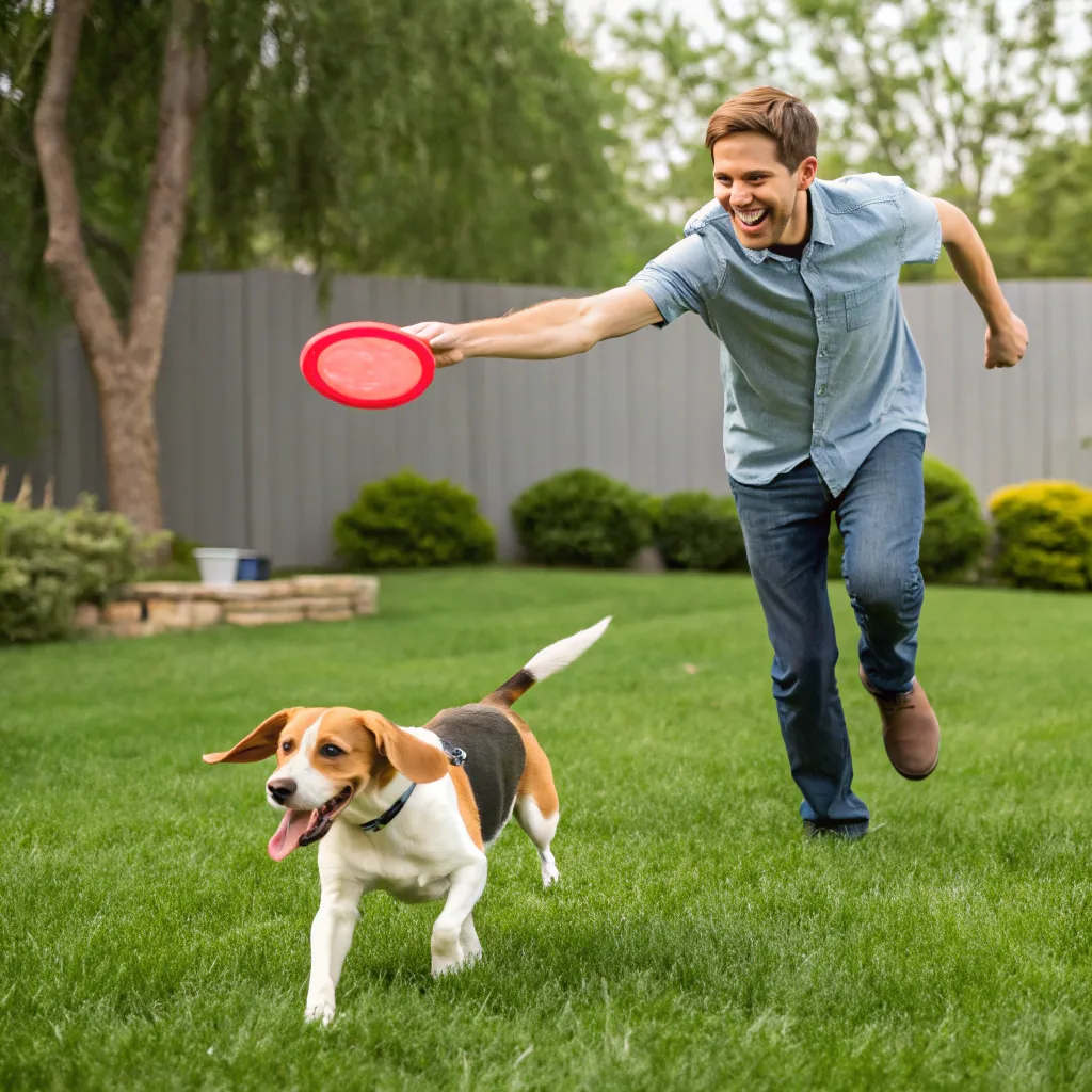 Oliver Benson and his Beagle Bella playing in the backyard with a frisbee.